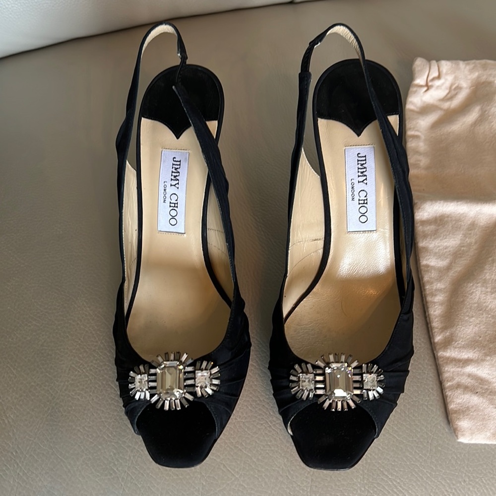 Jimmy Choo black satin and crystal heels size 41 1/2